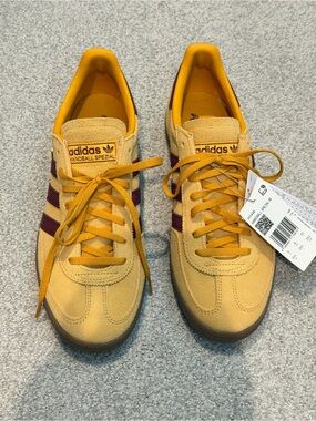 adidas Handball Spezial Mustard Yellow Sneakers with Maroon Stripes